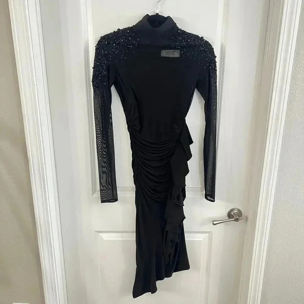 43 Badgley Mischka Collection Black Formal Long Sleeve Beaded Dress Size 0